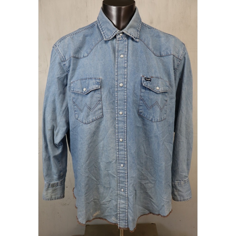 Vintage Mens Wrangler Denim Long Sleeve Pearl Snap Shirt Blue Size XXL Cotton